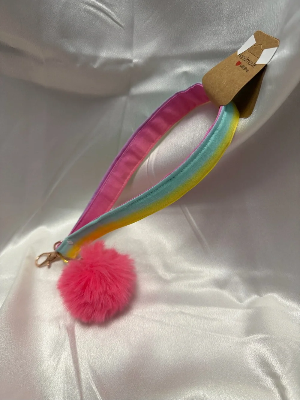 Handmade Rainbow Wristlet Keychain with Bright Pink Pompom